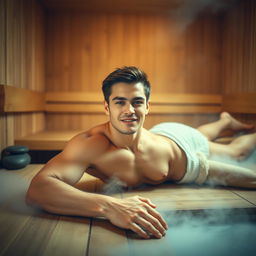 A young, attractive, muscular man laying on a wooden table in a warm, serene sauna environment