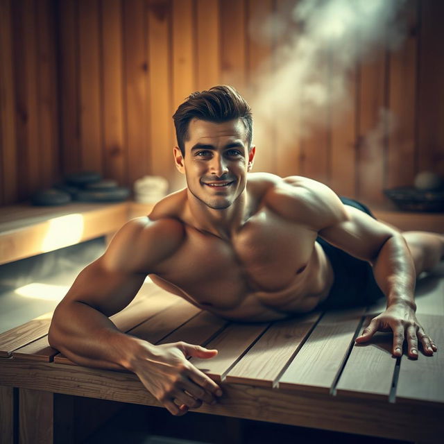 A young, attractive, muscular man laying on a wooden table in a warm, serene sauna environment