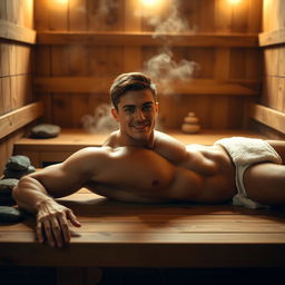 A young, attractive, muscular man laying on a wooden table in a warm, serene sauna environment