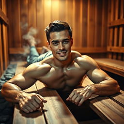A young, attractive, muscular man laying on a wooden table in a warm, serene sauna environment