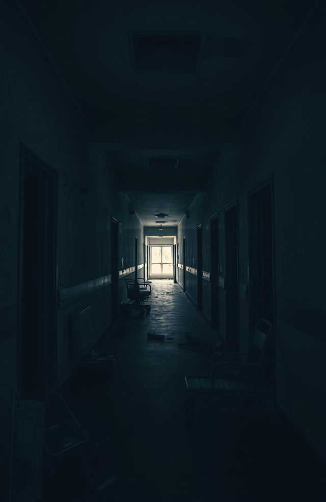 A dark, eerie abandoned hospital hallway, with cracked and peeling walls, dim flickering lights casting haunting shadows, and scattered debris on the floor