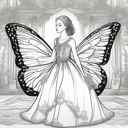 An opulent ballroom backdrop with a girl wearing a dress designed to resemble a butterfly