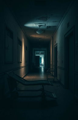 A dark, eerie abandoned hospital hallway, with cracked and peeling walls, dim flickering lights casting haunting shadows, and scattered debris on the floor