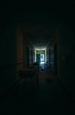 A dark, eerie abandoned hospital hallway, with cracked and peeling walls, dim flickering lights casting haunting shadows, and scattered debris on the floor