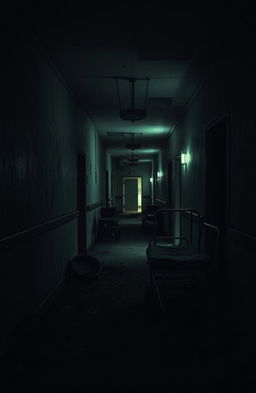 A dark, eerie abandoned hospital hallway, with cracked and peeling walls, dim flickering lights casting haunting shadows, and scattered debris on the floor