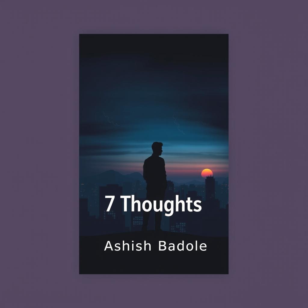 A book cover for '7 Thoughts' by Ashish Badole, featuring a dark cityscape with the silhouette of a man standing on a rooftop at dusk, gazing contemplatively over the city