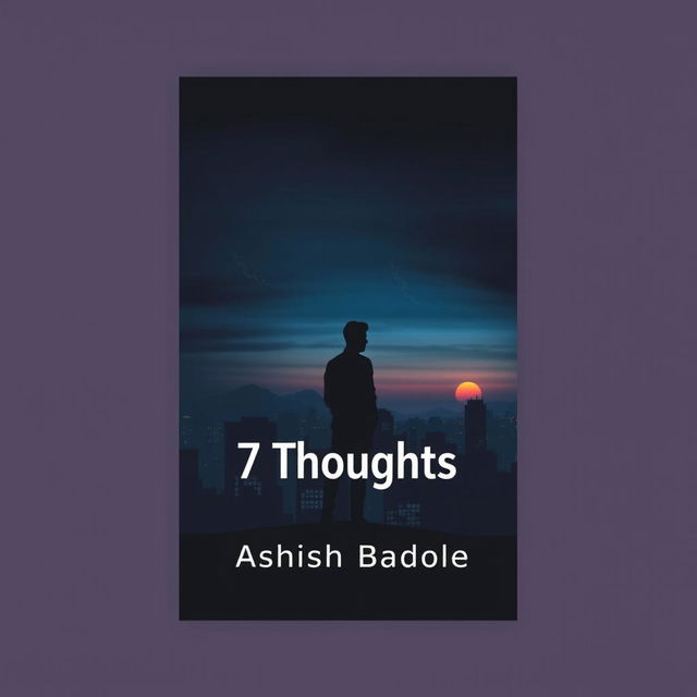 A book cover for '7 Thoughts' by Ashish Badole, featuring a dark cityscape with the silhouette of a man standing on a rooftop at dusk, gazing contemplatively over the city