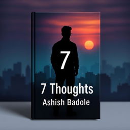 A book cover for '7 Thoughts' by Ashish Badole, featuring a dark cityscape with the silhouette of a man standing on a rooftop at dusk, gazing contemplatively over the city