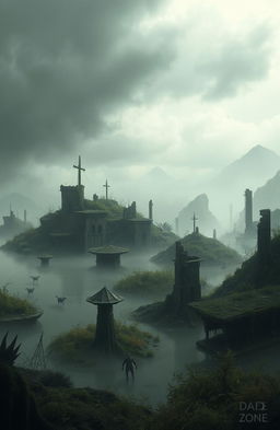 A fantastical scene inspired by a video game vibe titled 'Dead Zone', depicting a post-apocalyptic landscape with eerie, abandoned structures overgrown by nature