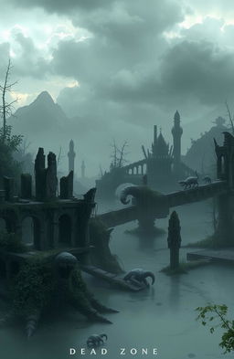 A fantastical scene inspired by a video game vibe titled 'Dead Zone', depicting a post-apocalyptic landscape with eerie, abandoned structures overgrown by nature