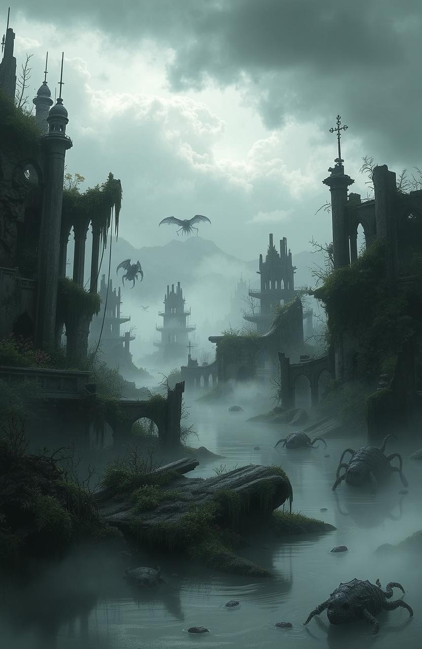 A fantastical scene inspired by a video game vibe titled 'Dead Zone', depicting a post-apocalyptic landscape with eerie, abandoned structures overgrown by nature