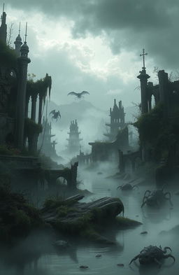 A fantastical scene inspired by a video game vibe titled 'Dead Zone', depicting a post-apocalyptic landscape with eerie, abandoned structures overgrown by nature