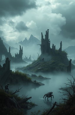 A fantastical scene inspired by a video game vibe titled 'Dead Zone', depicting a post-apocalyptic landscape with eerie, abandoned structures overgrown by nature