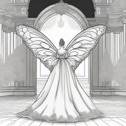 An opulent ballroom backdrop with a girl wearing a dress designed to resemble a butterfly