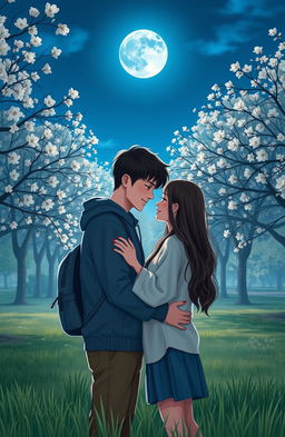 A romantic scene depicting a high school couple gently embracing each other under a serene blue moon
