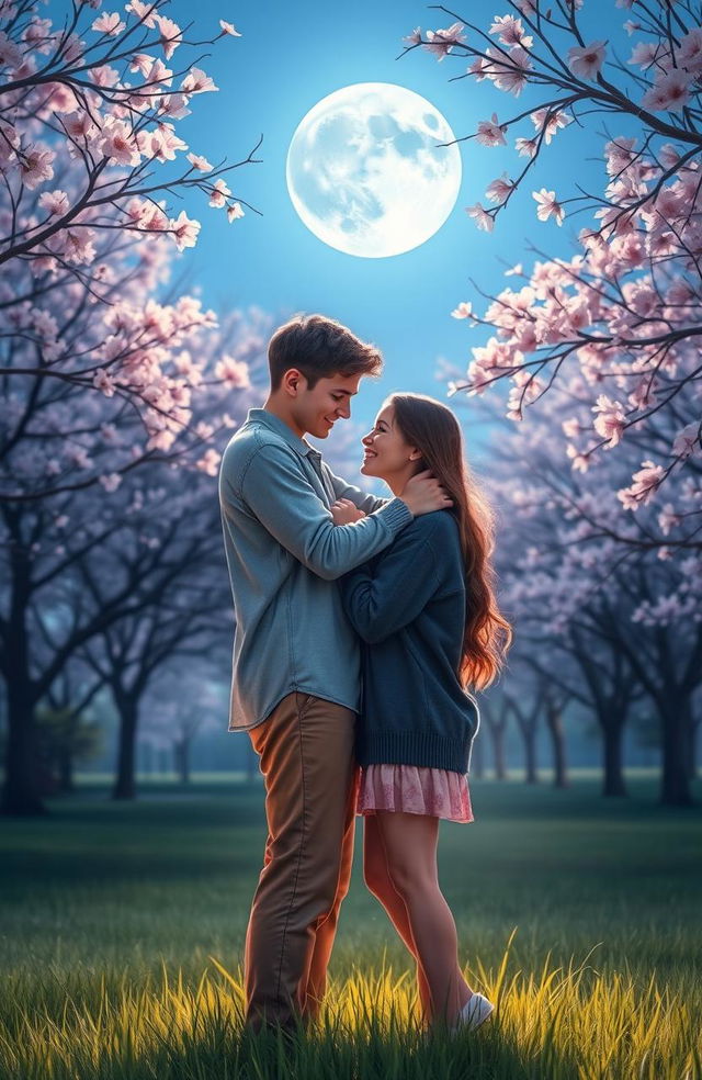 A romantic scene depicting a high school couple gently embracing each other under a serene blue moon