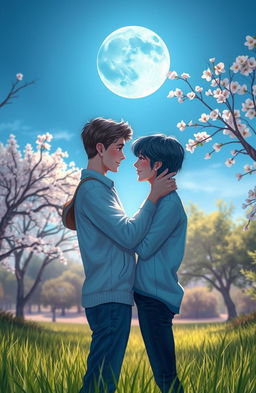 A romantic scene depicting a high school couple gently embracing each other under a serene blue moon