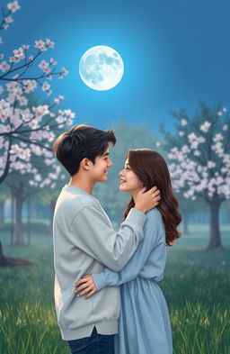 A romantic scene depicting a high school couple gently embracing each other under a serene blue moon