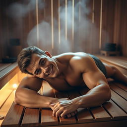 A young, attractive, muscular male laying on a wooden table in a warm, serene sauna environment