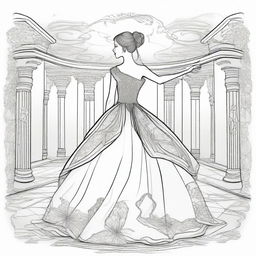 A luxurious ballroom setting with a girl wearing a dress innovatively designed to mimic a butterfly