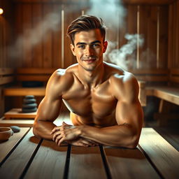 A young, attractive, muscular male laying on a wooden table in a warm, serene sauna environment