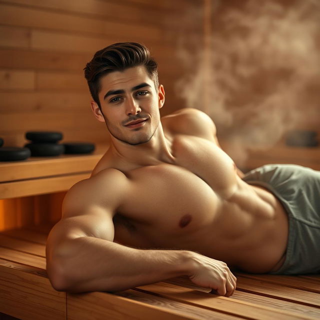 A young, attractive, muscular male laying on a wooden table in a warm, serene sauna environment