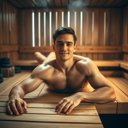 A young, attractive, muscular male laying on a wooden table in a warm, serene sauna environment