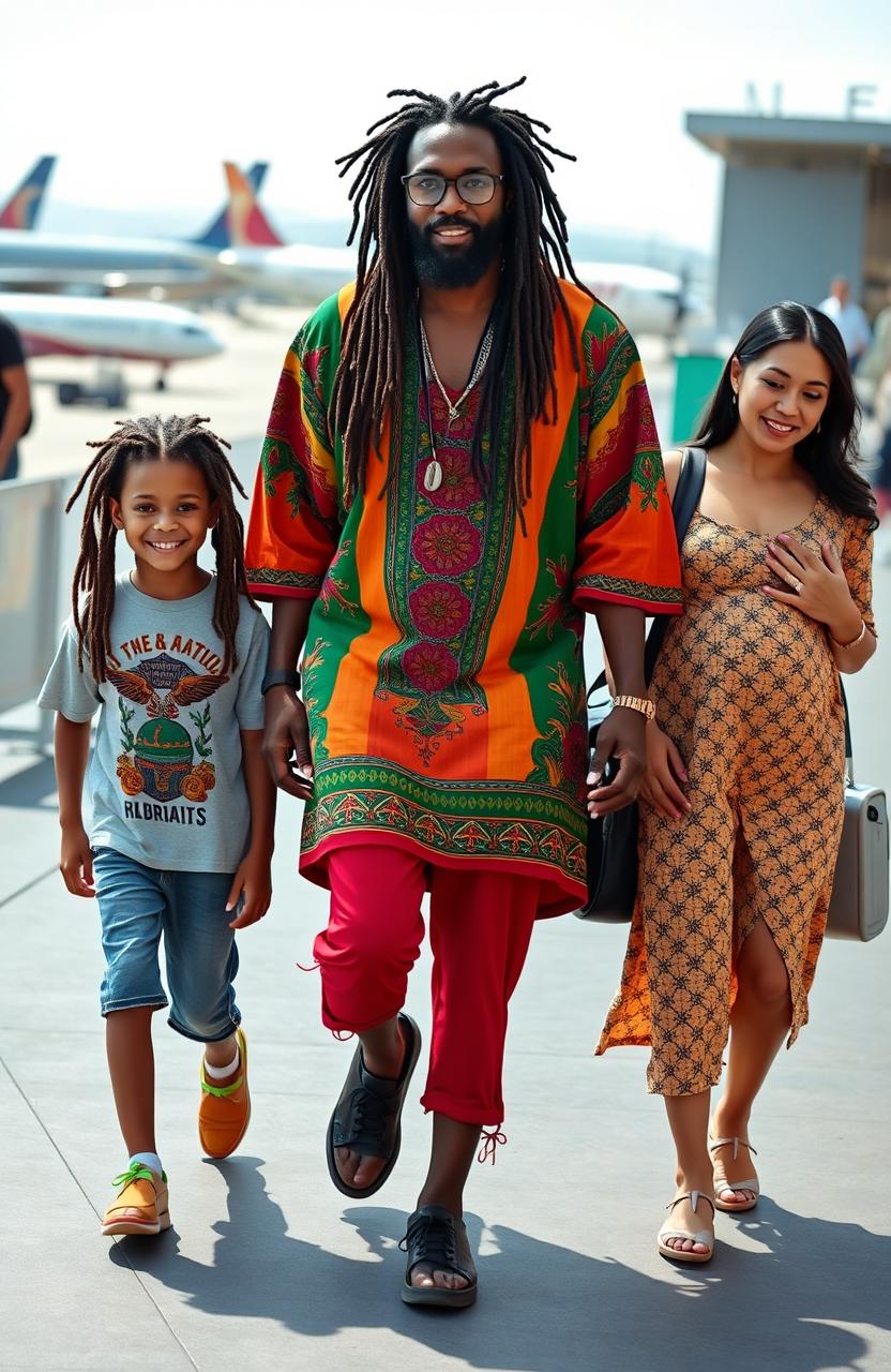 A black 38-year-old Rastafarian male with long dreadlocks, dressed in colorful traditional Rastafarian clothing, walking confidently towards a plane at Los Angeles Airport
