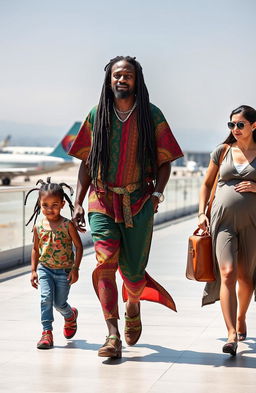 A black 38-year-old Rastafarian male with long dreadlocks, dressed in colorful traditional Rastafarian clothing, walking confidently towards a plane at Los Angeles Airport