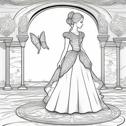 A luxurious ballroom setting with a girl wearing a dress innovatively designed to mimic a butterfly