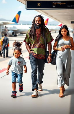 A black 38-year-old Rastafarian male with long dreadlocks, dressed in colorful traditional Rastafarian clothing, walking confidently towards a plane at Los Angeles Airport