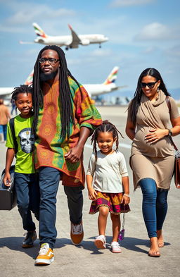 A black 38-year-old Rastafarian male with long dreadlocks, dressed in colorful traditional Rastafarian clothing, walking confidently towards a plane at Los Angeles Airport