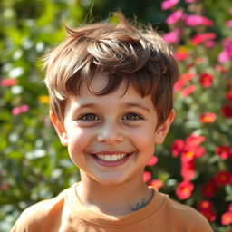 A portrait of a young, beautiful boy with a bright smile, captured in a natural outdoor setting