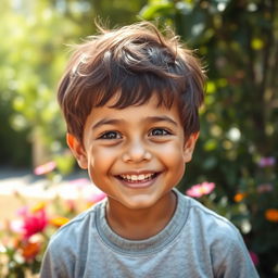 A portrait of a young, beautiful boy with a bright smile, captured in a natural outdoor setting