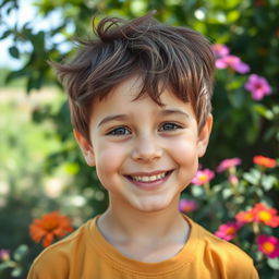 A portrait of a young, beautiful boy with a bright smile, captured in a natural outdoor setting