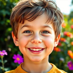 A portrait of a young, beautiful boy with a bright smile, captured in a natural outdoor setting