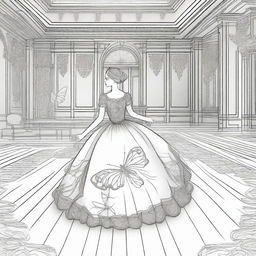 A luxurious ballroom setting with a girl wearing a dress innovatively designed to mimic a butterfly