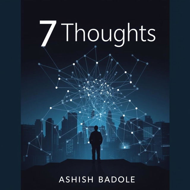 A book cover for '7 Thoughts' by Ashish Badole, showcasing a dark cityscape as the backdrop, overlaid with a web of faint, interconnected lines and nodes that symbolize a complex network of thoughts