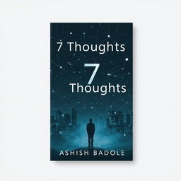A book cover for '7 Thoughts' by Ashish Badole, showcasing a dark cityscape as the backdrop, overlaid with a web of faint, interconnected lines and nodes that symbolize a complex network of thoughts