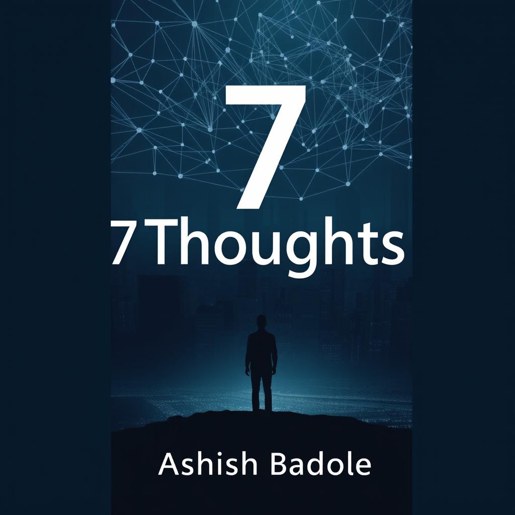 A book cover for '7 Thoughts' by Ashish Badole, showcasing a dark cityscape as the backdrop, overlaid with a web of faint, interconnected lines and nodes that symbolize a complex network of thoughts