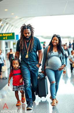 A black 38 year old Rastafarian man with multicolored beads in his well-maintained dreadlocks walking confidently towards a plane at Los Angeles Airport