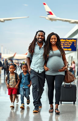 A black 38 year old Rastafarian man with multicolored beads in his well-maintained dreadlocks walking confidently towards a plane at Los Angeles Airport
