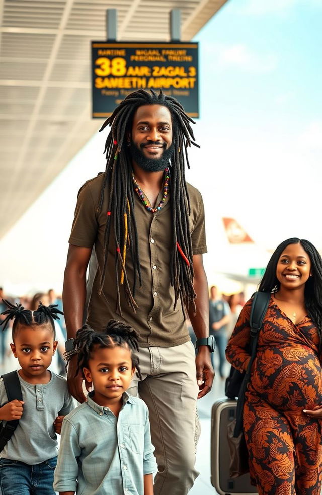 A black 38 year old Rastafarian man with multicolored beads in his well-maintained dreadlocks walking confidently towards a plane at Los Angeles Airport