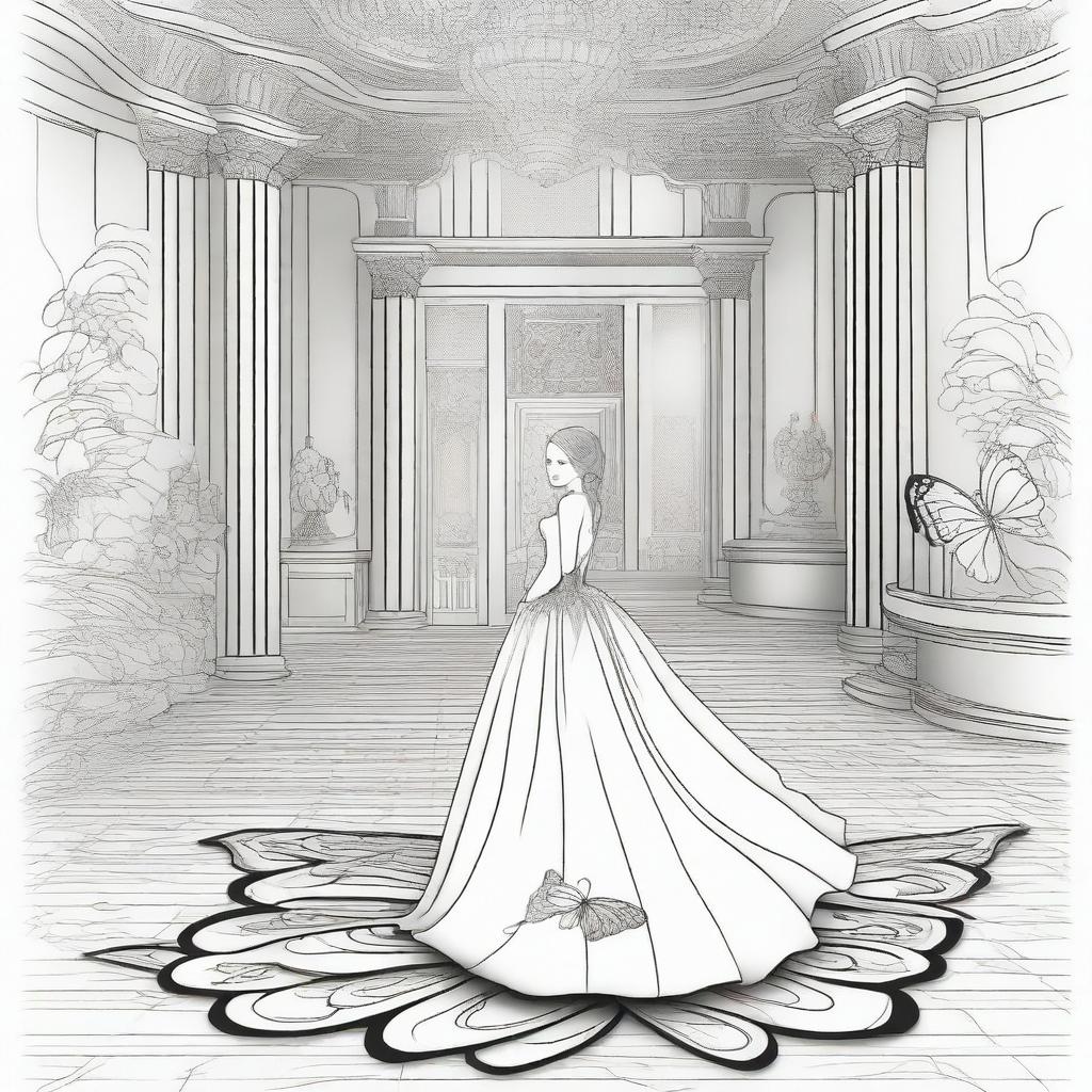 A luxurious ballroom setting with a girl wearing a dress innovatively designed to mimic a butterfly