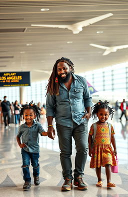 A black 38 year old Rastafarian man with multicolored beads in his well-maintained dreadlocks walking confidently towards a plane at Los Angeles Airport