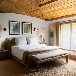 A cozy, well-lit bedroom with a comfortable king-size bed, stylish bedside tables, plush carpeting, and natural-themed artwork.