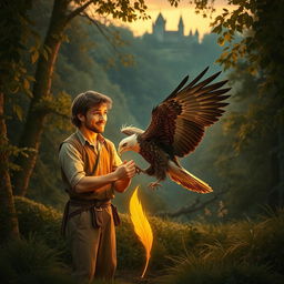 A warm and enchanting scene set in a lush, mystical forest at dusk, with soft golden light filtering through the leaves