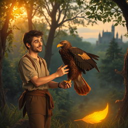 A warm and enchanting scene set in a lush, mystical forest at dusk, with soft golden light filtering through the leaves