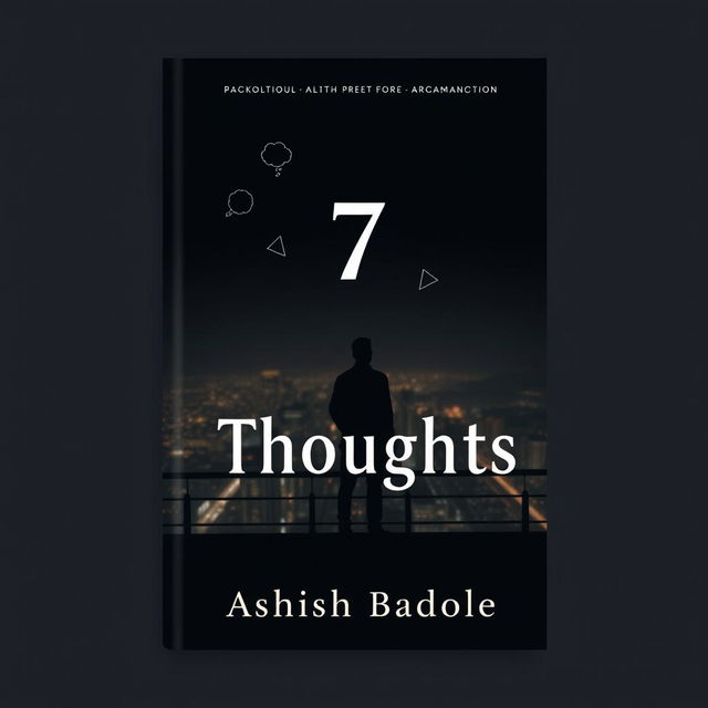 A minimalist book cover for '7 Thoughts' featuring the silhouette of a man standing alone on a bridge, gazing toward a sprawling city at night