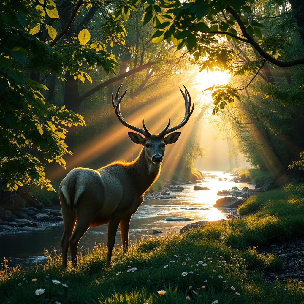 An enchanting forest during golden hour, with rays of sunlight filtering through the dense canopy of lush green leaves